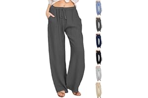 CheChury Pantalones Mujer Casuales de Lino de Algodón Cintura Alta Elasticos Largas Pantalón Deporte Elástica Pantalones Verano Causal Flojo Largos Playa con Bolsillos y Pantalones de Cómodos