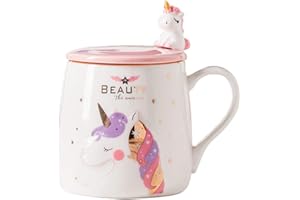 BIGNOSEDEER Uroczy kubek jednorożec ceramiczny kubek do kawy z piękną łyżką jednorożca, poranny kubek nowość kawa herbata mleko świąteczny kubek prezent dla dziewczyn miłośników jednorożców 380ML