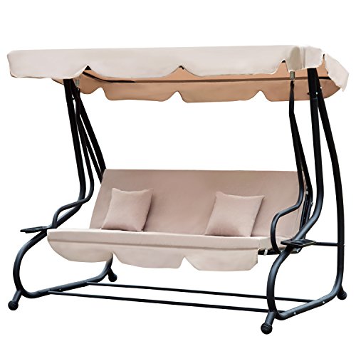 examen Outsunny Balancelle de Jardin Convertible 3 Places Toit imperméabilisé Inclinaison réglable 2 tablettes + Matelas 2L x 1,2l x 1,64H m métal époxy Noir Polyester Beige