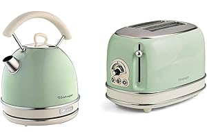 Ariete Vintage 2877 Bouilloire Électrique, 2000 Watts, 1,7 L & Vintage 155 Grille-Pain 2 Fentes, 810 Watts, 6 Niveaux de Grillage, en Acier Inoxydable Peint en Couleur Vert/Crème