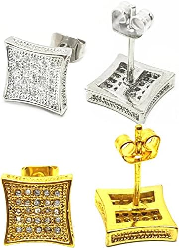 Mens Womens Gold Silver Tone Iced Out Hip Hop Micro Pave Stud Earrings - 2 Pairs (8mmx8mm)