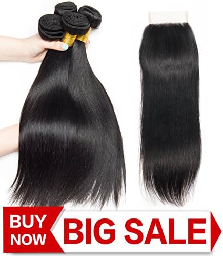 LA Remy human hair bundles with closure Brazilian Virgin Straight Hair 3 Bundles with Lace Closure Free Part 8A High quality 100% Unprocessed Brazilian Hair Bundles (12 14 16+10)