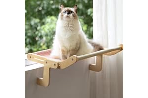 Bounabay Cat Window Hammock Wood and Metal Frame, Adjustable Wood Cat Radiator Beds Cat Window Beds, Holds Up 18kg, 47x40cm Pink/grey,for Windowsill, Bedside, Drawer (Pink)