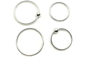 JEWELLERYMINE-UK Set of 4 Sterling Silver Nose Ring Hoop Septum tragus Rings helix Cartiilage Earrings 8mm 10mm Small Thin Piercing Stud| Body Jewellery 925