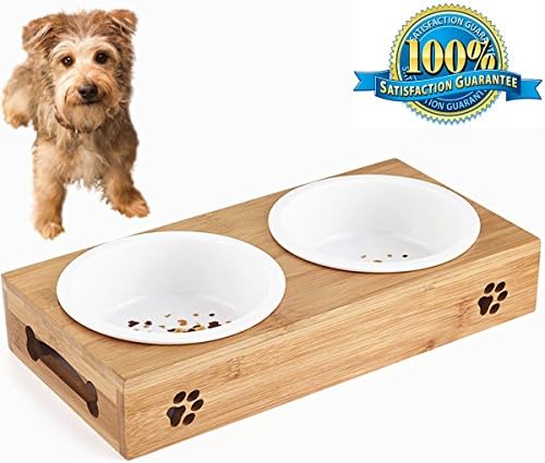 Aoxsen Small Dog and Cat Pet Feeder Bamboo Elevated Wooden Pet Bowls Double Bowl Pet Food Water Drink Dishes Feeder Raised Stand Comes with Extra Double Bowls