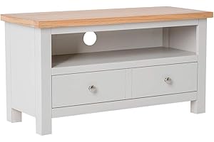 ROSELANDFURNITURE Farrow Grey Small TV Unit for Living Room | Roseland Furniture Fully Assembled 90 cm Painted Solid Wood Television Cabinet Stand with Oak Top Suitable for TVs up to 40 inches