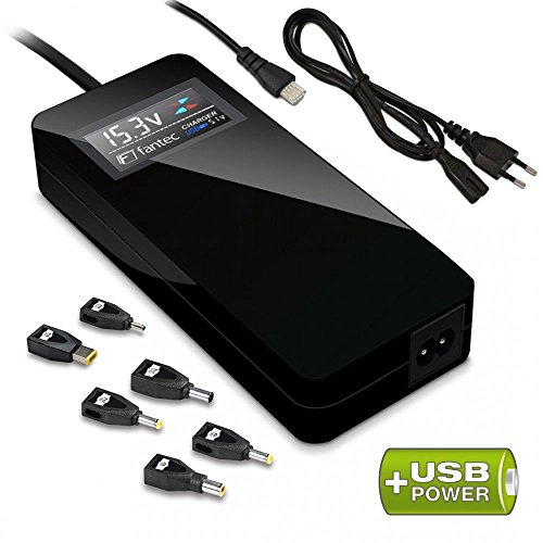 FANTEC NBU90W Slimline Universalnetzteil für Notebooks (12V – 20V max. 90 Watt Ausgangsleistung, USB-A Anschluss 5V/2A mit 10W, inkl. 6 verschiedene Adapteraufsätze, automatische Spannungserkennung, Farbdisplay) schwarz - 4