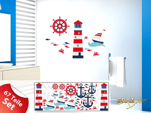 Graz Design 771035_150x57 Wandsticker Set Badezimmer Maritim Leuchtturm Anker Schiffe Steuerrad Fische - 2