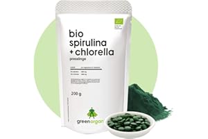 GREEN ORGANIC Spiruline bio + Chlorelle – 400 comprimés 200 g – 500 mg par comprimé – Plantensis et algues Vulgaris – Hautement dosés – Pressés – Culture biologique contrôlée (200 g, Spiruline + Chlorella)