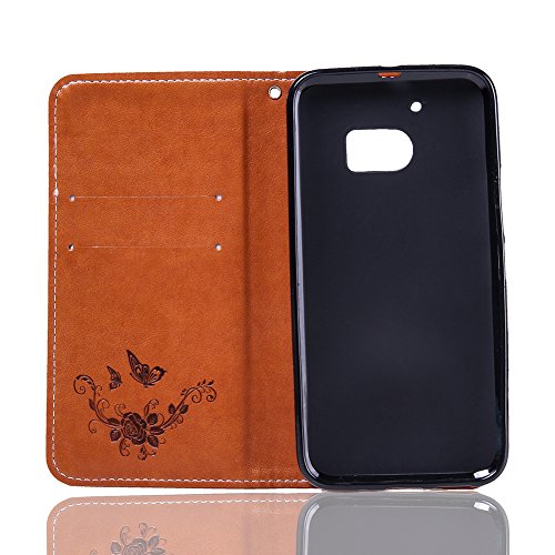 SKYXD Leder Hülle für HTC 10 Rosen Blumen und Schmetterlings Muster,PU Folio Klappbar SchutzHülle [Brieftasche Kartenfach / Magnet / Standfunktion / Trageschlaufe] KlappHülle für mit [Krone Handyanhänger + Eingabestift] 3 in 1 Zubehör Set Handy Tasche Etui for HTC 10 Bookstyle Flip Case Leather Cover With [Stylus and Dust Plug]- Braun - 4