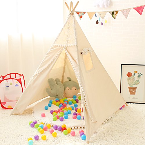 Lebze Teepee Tent for Kids - Natural Cotton Canvas Lace Play Wigwam for Baby Girls