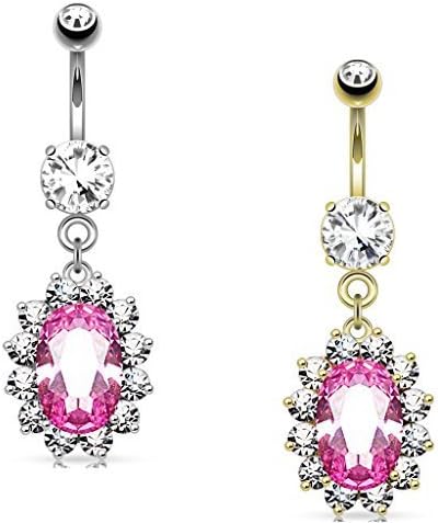 Coolbodyart Surgical Steel Silver Rose Gold Plated Belly Bar with Clear Cubic Zirconia Stone Pink Banded in Zirconia Colourless 2er Set je eine Farbe