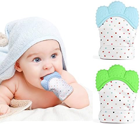 2 PCS Baby Teething Mitten for Babies Self Soothing Teether &amp; Teething Pain Relief Toy (1*Blue+1*Green)