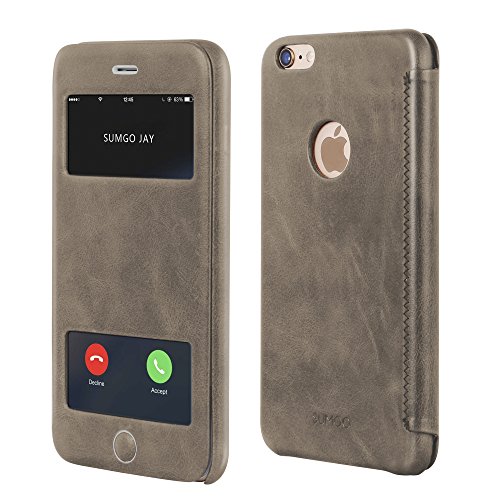 SUMGO® Apple iPhone 6, 6s Hülle echt Leder Schutzhülle Flip Cover mit Sichtfenster View Back Case Tasche – in Beige Braun - 4