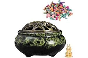 DUOHEMENG Räuchergefäß, Räuchergefäß Keramik Mit Deckel, Geeignet FüR RäUcherkegel/Spulen/StäBchen, Es Gibt 30 RäUcherkegel + Metall-RäUcherstäBchenhalter + Feuerfeste Baumwolle Im Inneren.
