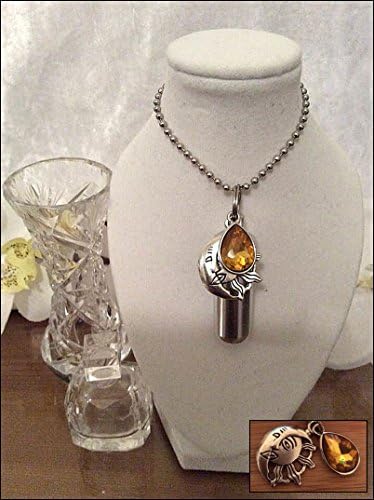 The Birthstone Collection: Cremation Jewelry Ashes Memorial Urn Necklace with November (Topaz) charm attached and free Jewellery Pouch and Fill Kit. Carry a permanent memorial to your loved one.