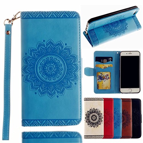 MUTOUREN Portemonnaie Handyhülle für iPhone 7 plus 5.5 Zoll PU Lader Brieftasche Klapphülle Bookstyle Wallet Flip Case mit Standfunktion Kartenfach Fall-Abdeckung Ultradünne Kratzfeste Stoßdämpfende Telefonkasten Geprägtes Muster indische Mandala Blau + Metall Stylus Stift - 2