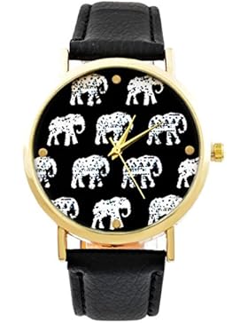 MJartoria Damen Armbanduhr Quarz Uhr Modeschmuck PU Lederarmband Mode Design Elefant Muster Schwarz