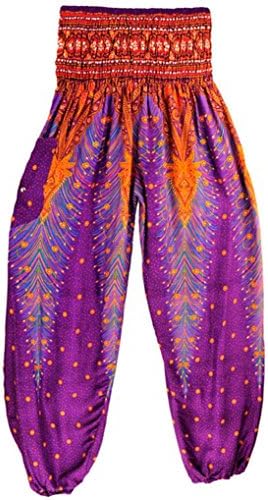 Clemunn Yoga Pants Unisex Thai Harem Trousers Boho Festival Hippy Smock Loose High Waist Cotton Yoga Pants For Women Men (Purple, Free Size)
