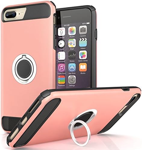 iPhone 6/6sPlus 7Plus 8Plus Case Dual Layer Silicone Rubber Hybrid Durable Shockproof Bumper Protective Anti-Scratch Impact Resistant Cover with Ring Kickstand Rose Matte