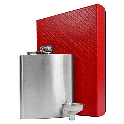 EYEPOWERHip Flask 210 ml + Funnel + Elegant Gift Box Flat Metal Bottle 0.2 l 7 Ounces 7 oz to Carry Alcohol in Your Bag Silvery Stainless Steel