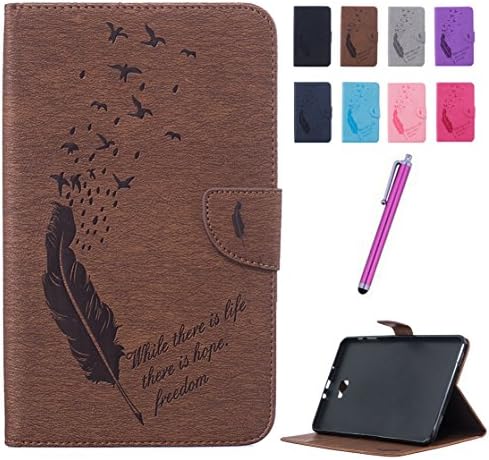 Romtronic Practical and Fashion Flip Feather Pattern Premium Wallet Case Back Cover with Stand and credit Card Holder Function mobile Case for Samsung Galaxy Tab A 10.1 2016 (SM-T580 \ SM-T585), Stylus Pen included (brown)