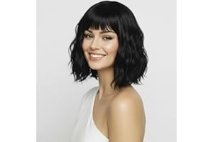 SIMKAYLEE Perruque courte ondulée noire avec frange, pour femme, cheveux synthétiques naturels, ondulés, pour carnaval, fête, Halloween, cosplay (30 cm)