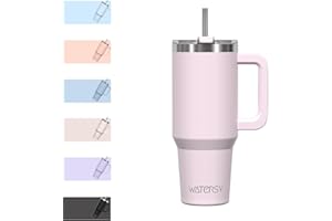 WATERSY Kubek do kawy na wynos, kubek termiczny z podwójnymi ściankami, ze stali nierdzewnej, próżniowy, szczelny, z uchwytem i słomką, kubek termiczny w proszku różanym