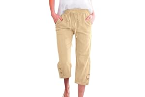 Voqeen Pantaloni Donna Estivi Leggeri Pantaloni Capri in Cotone con Elastico Vita Comodi 3/4 Pantaloni Larghi con Tasche Tinta Unita Casual