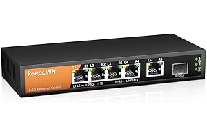 keepLiNK 5 Port 2.5G Switch Ethernet Umanaged, 5 X 2.5G Base-T Ports, 1 X 10G SFP, Compatible 100/1000/2500Mbps, pour AP sans Fil, NAS, PC, sans Ventilateur, Montage Mural