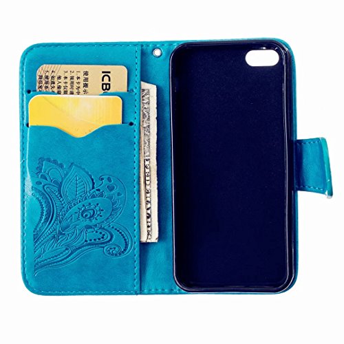 iPhone SE 5 5S Ledertasche MUTOUREN Schutzhülle Handyhülle Brieftasche Case mit Ständer HalterKartenfächer für iPhone SE 5 5S Premium Ledertasche Gepresste Blumen Painted Pattern Hülle Handy Case Dünne Tasche Cover Schutzhülle Schale Tasche-Pfau Blumen Blau + Metall Stylus Pen - 6