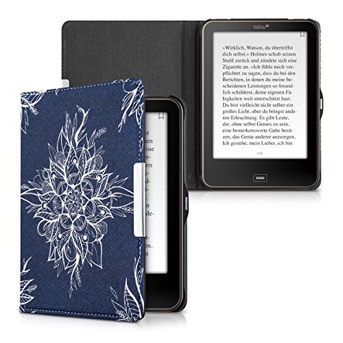 kwmobile Hülle für Tolino Vision 1 / 2 / 3 / 4 HD – Flipcover Case eReader Schutzhülle – Bookstyle Klapphülle Batikblume Design Weiß Dunkelblau - 5