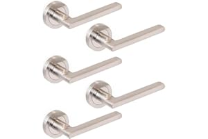 JDEL Pack de 5 juegos Manetas para puertas de interior, juego de manillas para puerta de paso con roseta de.50 mm, Aluminio y zamak, Níquel satinado