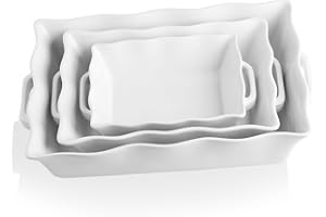 Sweejar Home Casserole Dishes for Oven, Ceramic Bakeware Set of 3, Rectangular Baking dish with Handles, Wave Edge Lasagna Pan Deep for Cooking, Cake, Dinner, Banquet and Daily Use (White)