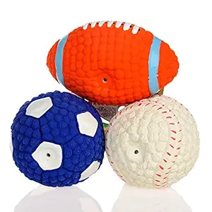 PnM Latex Material Dogs & Puppies Squeaky Baseball Rugby Ball Foot Ball Combo (3 in 1 Pack)