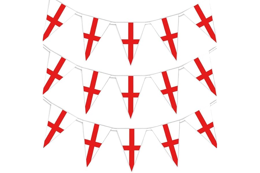 10m/33Ft St George Cross Bunting England English Banner 25 Triangle Flags St Georges Day Euro Cup Cricket Rugby Football World Cup Sports Events Street Party Decoration
