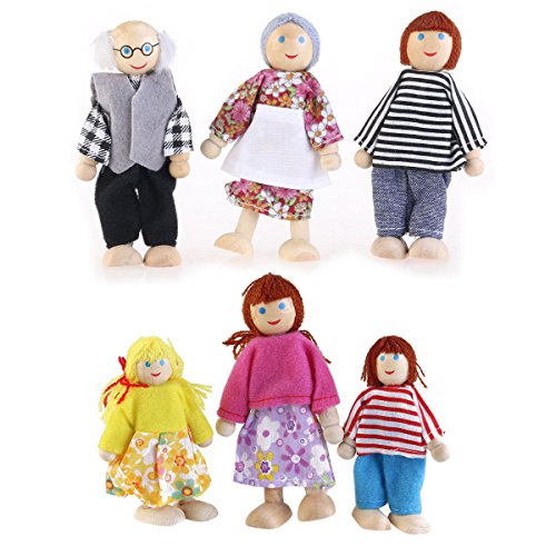 OULII 6pcs muñeca familia madera conjunto títere Maumet incluyendo abuelos para los niños divertido rol (color al azar)