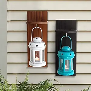 Tied Ribbons Garden Decor Hanging Lantern Candle Holder With Wooden Shelve (Set Of 2)