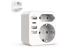 Adattatore Presa Inglese Hoppac 6 in1,Carica 6 Dispositivi In ​​Parallelo,Con 3 USB e 1 USB C e Spina Europea e Schuko,Il Tipo G è Adatto Per Regno Unito/Irlanda/Malta,Design Compatto Adatto Ai Viaggi