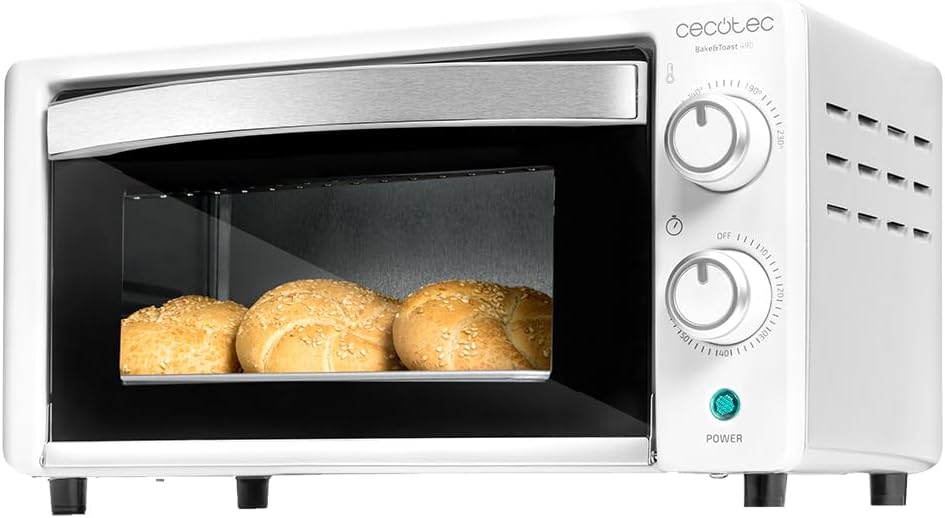 Cecotec Horno de sobremesa Bake&Toast 1090 White, 10 L, 1000 W, Temporizador 60min, Temperatura regulable hasta 230ºC, Bandeja para hornear, parrilla y pinzas.