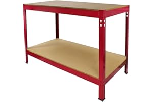 MONSTER RACKING Mesa Trabajo Metálica Q-Rax Sin Tornillos Roja 120x60x90cm Banco Trabajo Taller Garaje Bricolaje Red Metal Workbench Garage Estante Ajustable Altura Capacidad Peso 200kg con Pies Protectores GRATIS
