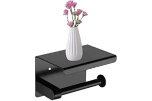 KWQKEM Black Toilet Paper Holder with Shelf Wall Mount Toilet Roll Holder with Storage Bathroom Accessories Tp Holder with Phone Shelf Stainless Steel Material