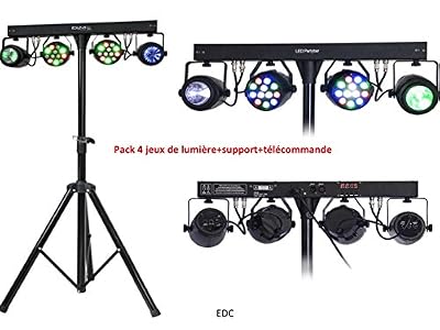 Ibiza PACK 4 JEUX DE LUMIÈRE LED AVEC SUPPORT/PIED DE LUMIERE AVEC 2 PROJECTEURS LED PAR RGBW + 2 MOON FLOWER A LED RGBWA+TÉLÉCOMMANDE +4M DE CÂBLE D'ALIMENTATION+BARRE TRANVERSALE QUI ALIMENTE LES APPAREILS DMX / SOIRÉES , DJ , ANIMATIONS , BAR, PUB
