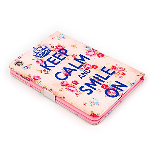 iPad mini 2 Lederhülle – Felfy Slim Full Body Keep Calm and Smile Flower Muster PU Case Cover Etui Schutz Hülle Tasche für Apple ipad mini 3 mini 2 mini 1 + 1x Pink Blume Anti Stöpsel + 1x Rosa Stylus - 6
