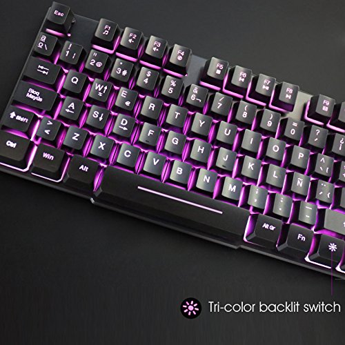 Rii RK100 Teclado para Juegos  Mec  nica Feel Gaming Keyboard  USB LED Retroiluminada con Conexi  n de Cable del Juego Teclado Negro  layout Espa  ol 