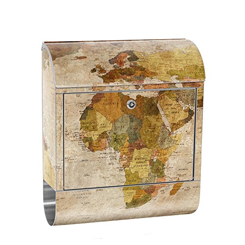 Preisvergleich Produktbild liwwing Briefkasten Edelstahl mit Motiv und Zeitungsfach, Zeitungsrolle als XXL Design Wandbriefkasten / Weltkarte Antik Atlaskarte alte Karte Atlas / no. 0029