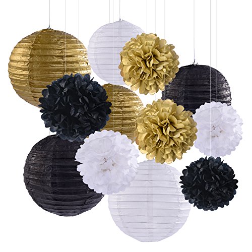 Outus 6 Stück Pom Poms Tissue-Papier Papierblumen und 6 Stück Papier Laternen Weiß Schwarz Gold mit Weißen Band für Party Geburtstag Dekoration - 3
