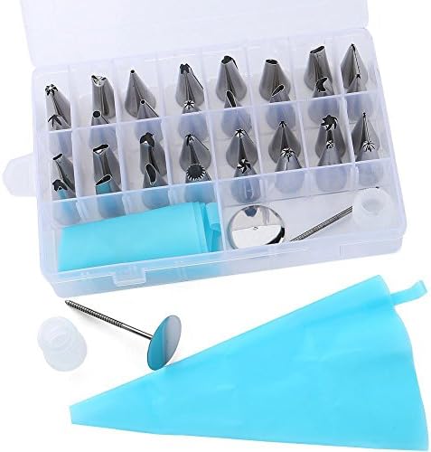 Cake Decorating Kit Tools with 32 Pieces Professional Stainless Steel DIY Icing Tip Set Tools and 2 Reusable Silicone Icing Bags Nozzles* 2*Flower Nails +2* Couplers Tool Set