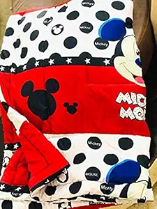 NK Mickey Mouse Cartoon Kids Design Print Single Bed Reversible AC Blanket | Dohar | Quilt | Duvet (Polycotton, Red)
