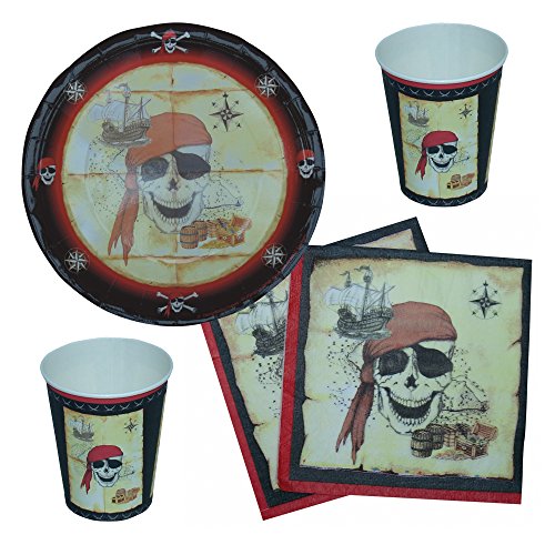 Partyset Seeräuber / Piraten, 44-tlg., Kindergeburtstag mit 12 Jungs; 12 Papp-Teller, 12 Papp-Bechern, 20 Servietten mit Schatzkarte für die Piratenparty Kinderparty